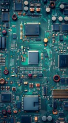 Closeup of green electronic circuit board with radio parts and chip processors background