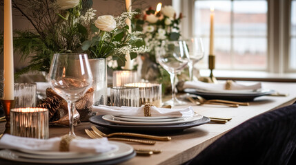 Fototapeta premium Christmas table decor, holiday tablescape and dinner table setting, formal event decoration for New Year, family celebration, English country and home styling inspiration