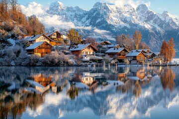 Fototapeta premium A small beautiful village in front of a snow capped mountain at a calm lake with reflection 
