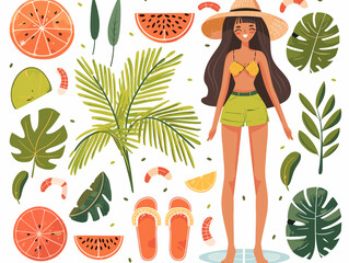 A woman is wearing a yellow shirt and green shorts. She is holding a purse and wearing sunglasses. The image is of a tropical beach setting