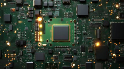 Closeup of green electronic circuit board with radio parts and chip processors background