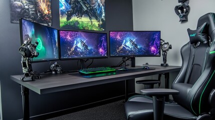 A spacious gaming table with three monitors, a racing-style chair, and gaming peripherals neatly arranged.