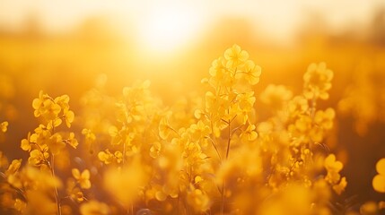 Vibrant rapeseed field, golden yellow flowers, panoramic view, blooming canola plants, bright sunlight, spring countryside, agricultural landscape, sea of yellow.