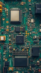 Closeup of green electronic circuit board with radio parts and chip processors background