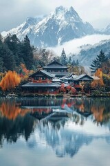 Naklejka premium A small beautiful village in front of a snow capped mountain at a calm lake with reflection 