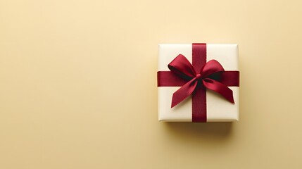 White gift box with red ribbon and bow on pale yellow background, minimalist composition, flat lay, clean aesthetic, high contrast, studio lighting, centered object.