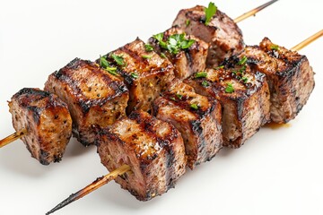 a close-up shot of a juicy grilled pork barbecue shish kebab, isolated on a clean white background,...