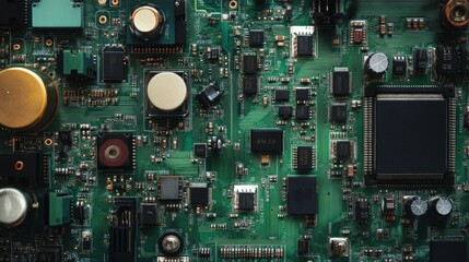 Closeup of green electronic circuit board with radio parts and chip processors background