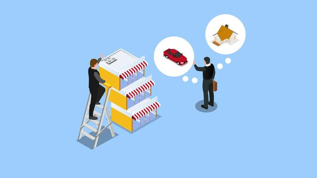 Creative Businessman Dreaming of Success With Car and Home While Working on Project isometric 3d animation cartoon