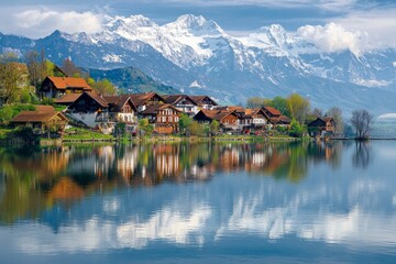 Fototapeta premium A small beautiful village in front of a snow capped mountain at a calm lake with reflection 