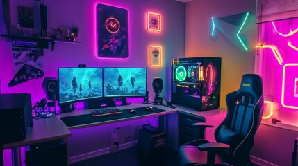 A vibrant gaming room with neon signs on the wall, colorful LED accents, and a dual PC setup for streaming.