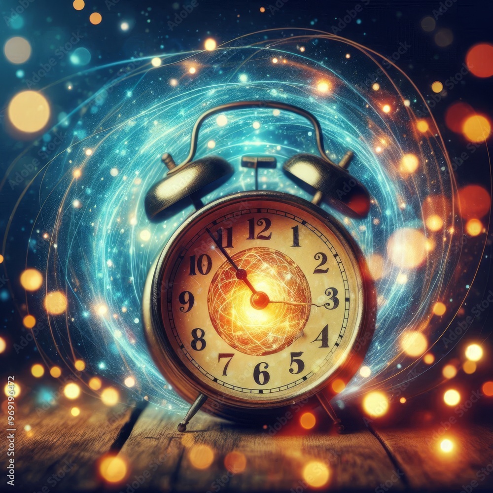 Poster a vintage alarm clock surrounded by swirling lights, creating a magical and timeless effect. this im