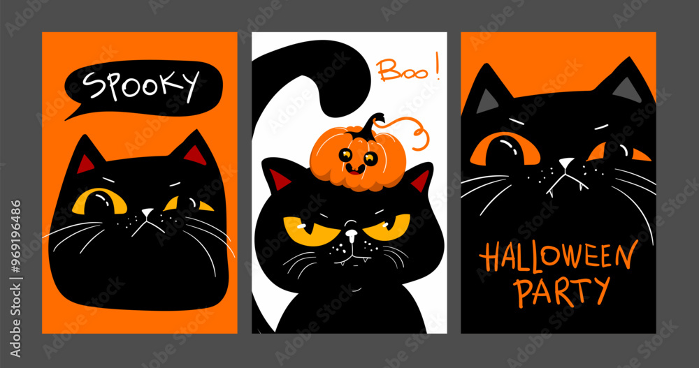 Wall mural Set of Happy halloween party invitation card with grumpy black cat. Memes style. Holidays cartoon character. Vector illustration