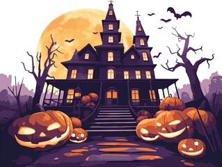 Fototapeta premium illustration of a spooky halloween house with pumpkins on the porch and the moon behind it