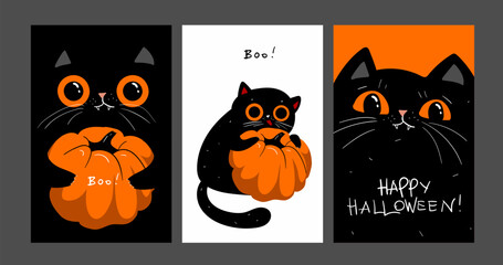 Vector illustrations with black cat. Halloween poster designs with symbols and calligraphy. Funny halloween cards set