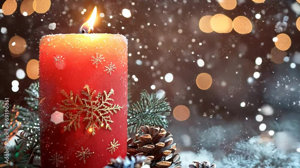 Poster a red candle is lit in front of a bunch of pine cones. the scene is set in a snowy environment, with