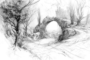 Pencil Sketch of a Rustic Stone Bridge