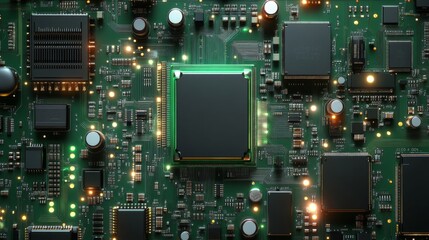 Closeup of green electronic circuit board with radio parts and chip processors background