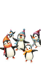 Fototapeta premium Adorable penguin family with colorful scarves and hats, celebrating winter and spreading holiday cheer in festive attire.