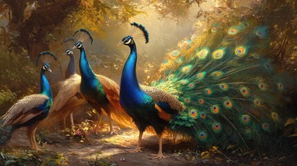 Obraz premium A group of peacocks interacting in a garden, with one fanning its tail feathers while others look on.