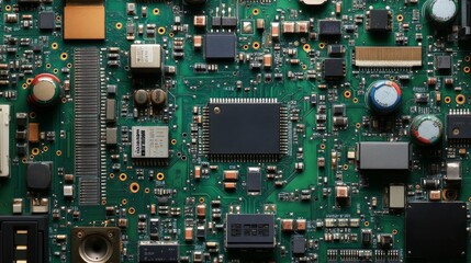 Closeup of green electronic circuit board with radio parts and chip processors background