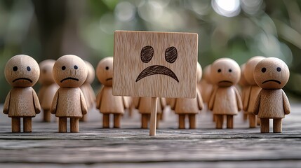 Wooden figurines expressing sadness, with one holding a sad face sign.