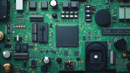 Closeup of green electronic circuit board with radio parts and chip processors background