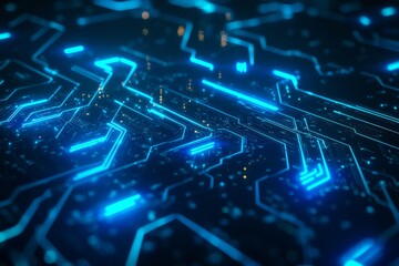 Obraz premium Abstract blue neon lines in a digital circuitry pattern, blue neon lines on a dark background 
