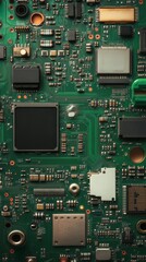 Closeup of green electronic circuit board with radio parts and chip processors background