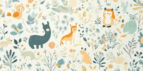 Whimsical animals and plants on a white background.