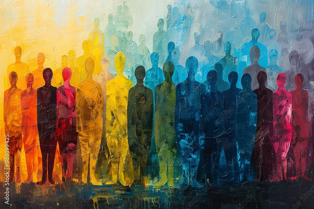 Poster an expressive abstract painting featuring a multitude of indistinct figures in a spectrum of colors.