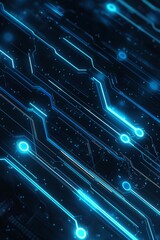 Abstract blue neon lines in a digital circuitry pattern, blue neon lines on a dark background 