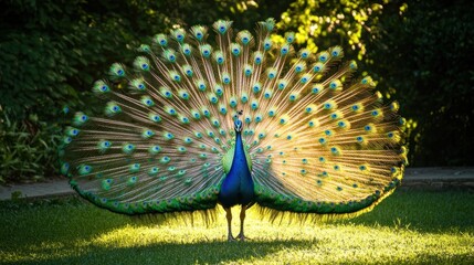 Fototapeta premium A majestic peacock displaying its vibrant tail feathers in full fan, shimmering in the sunlight with greenery in the background.