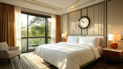 Fototapeta premium five-star hotel bedroom furniture with a vintage feel there is a luxurious wall clock, double-sided bed lights, glass windows, white curtains, sunlight enters inside in the morning.