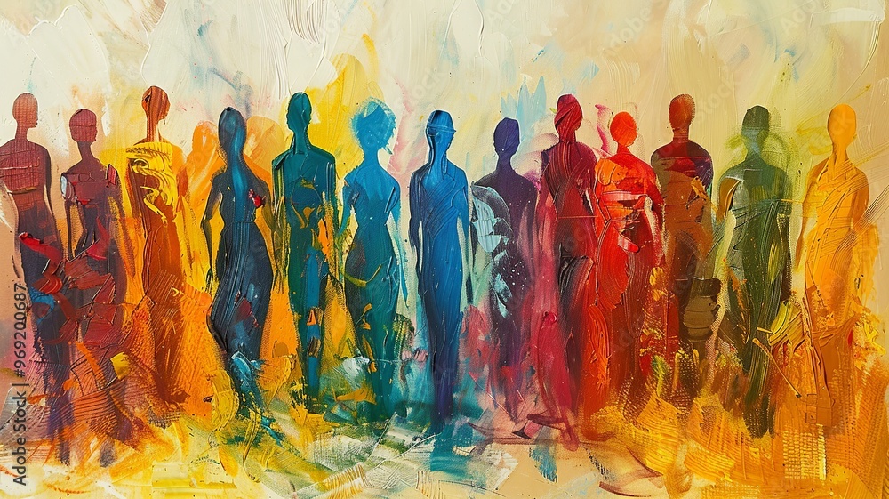 Poster an expressive abstract painting featuring a multitude of indistinct figures in a spectrum of colors.