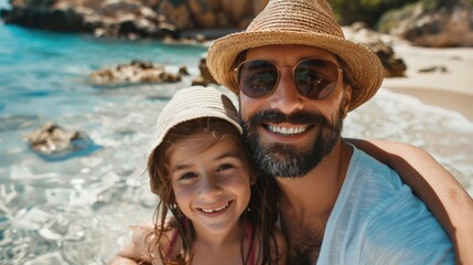 Happy father with daughter inside the beach sunny day