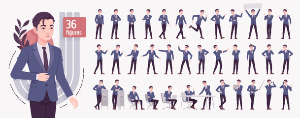 Handsome Asian guy, young businessman character set, office life bundle. Confident active project leader co-working space poses, ceo conversation, employee engaged situations. Vector illustration