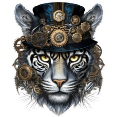Fototapeta premium Majestic tiger in a steampunk theme with mechanical gears and wheels.