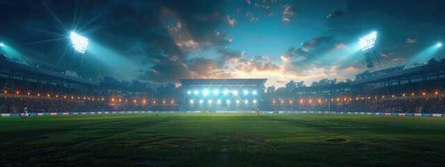 Modern sport stadium or arena at night and cricket field with lights cloudy sky