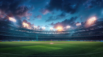 Modern sport arena or stadium at night and cricket field with lights cloudy sky