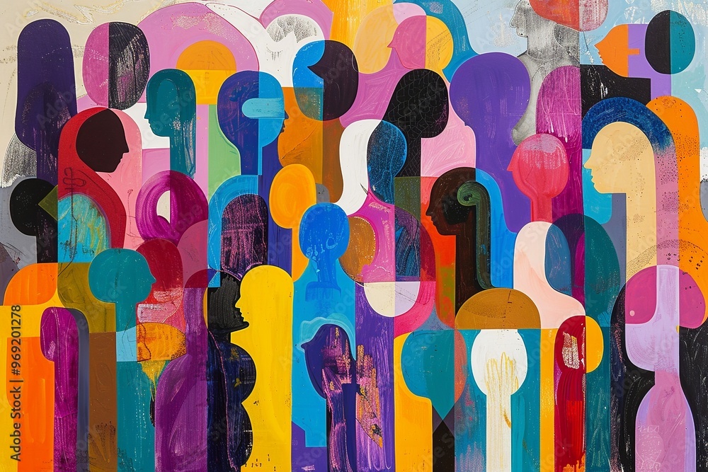 Poster an expressive abstract painting featuring a multitude of indistinct figures in a spectrum of colors.