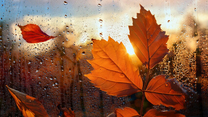 Autumn leaves on wet glass