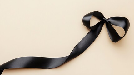 A black ribbon tied in a bow on a beige background.
