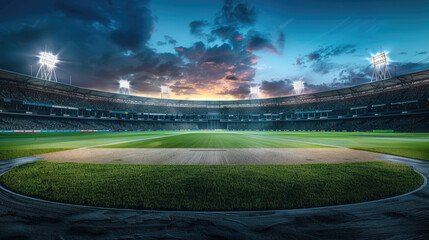 Stadium or arena at night and cricket field with lights cloudy sky