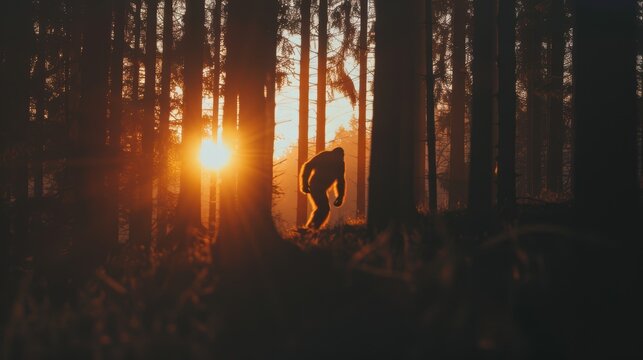 Bigfoot silhouette at sunset in misty forest mysterious sasquatch in natural habitat