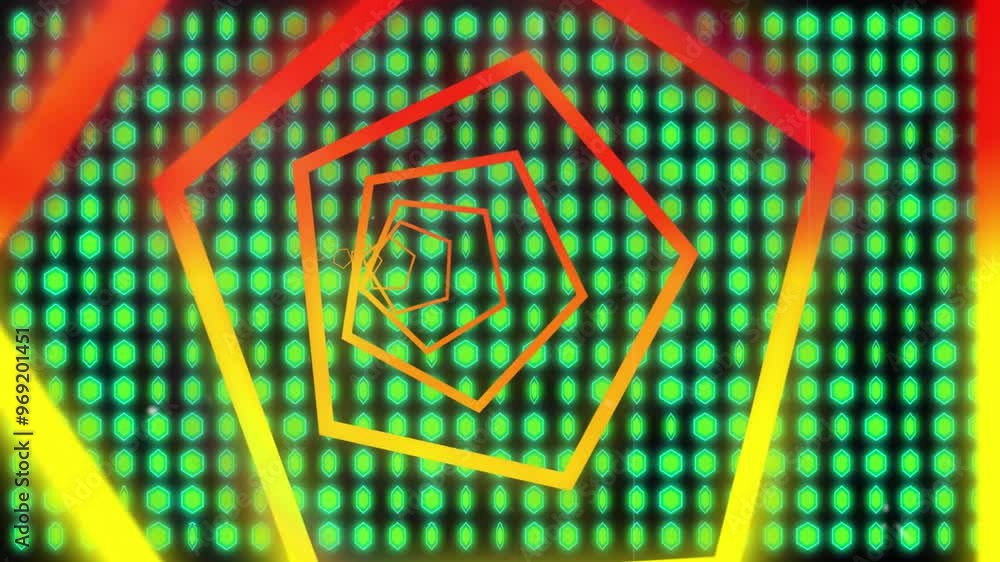 Poster animation of glowing neon lights moving over pattern background