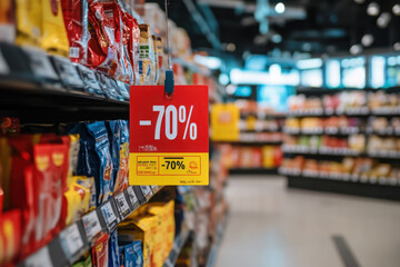 Supermarket aisle with a prominent discount sign showing seventy percent off, highlighting shopping deals and retail promotions