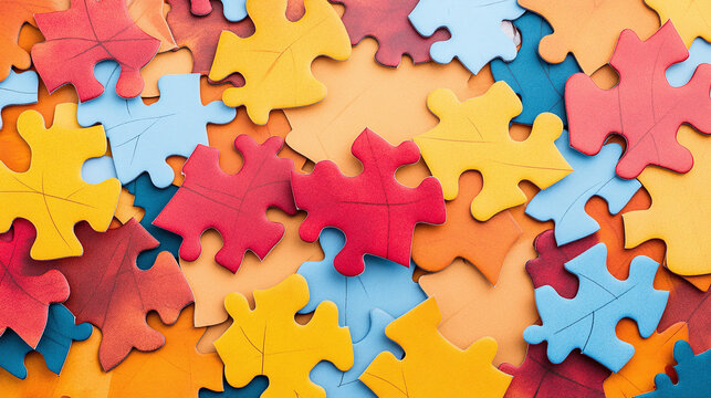 Overhead autumn photograph with in the center puzzle pieces scattered across the frame.