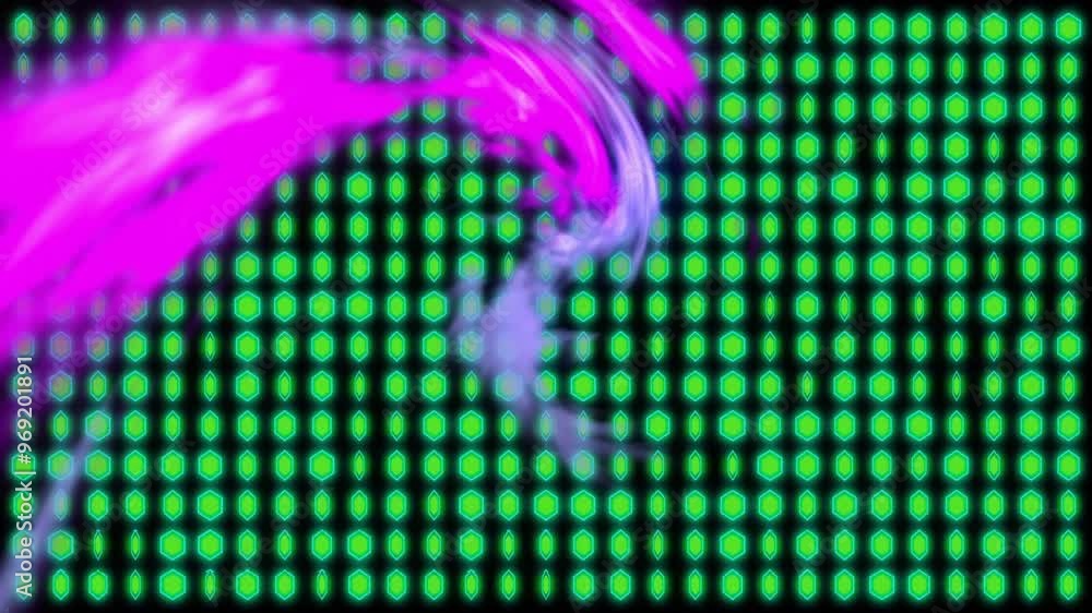 Poster animation of glowing neon lights trails moving over pattern background