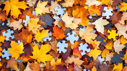 Overhead autumn photograph with in the center puzzle pieces scattered across the frame.